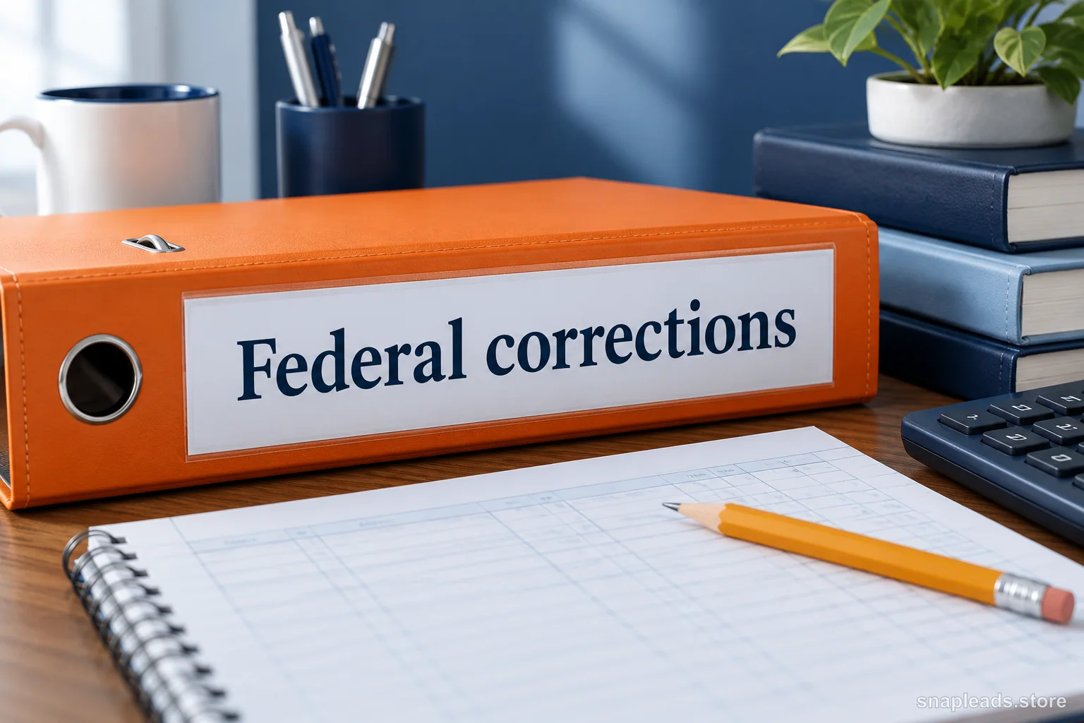 An orange corrections binder, ledger and pencil beneath the title Federal corrections.
